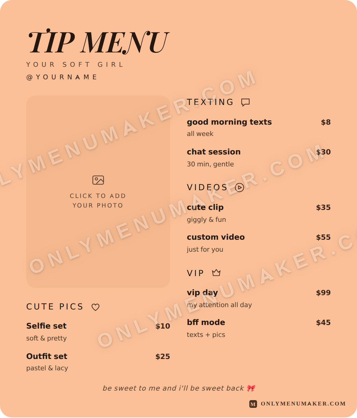 Peaches & Cream OnlyFans tip menu template