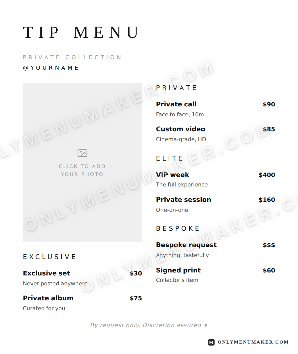 Platinum OnlyFans tip menu template