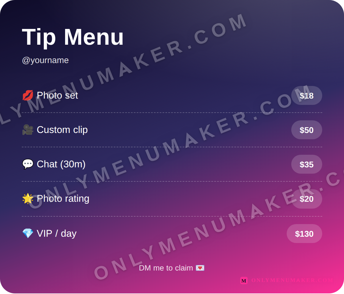 Neon Night Pop OnlyFans tip menu template