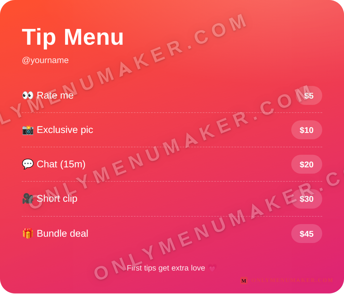 Sunset Pop OnlyFans tip menu template