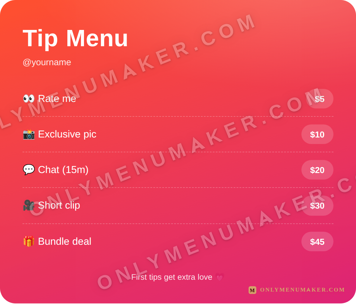 Sunset Pop OnlyFans tip menu template