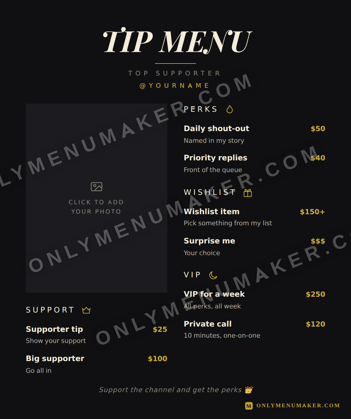 Queen Bee OnlyFans tip menu template