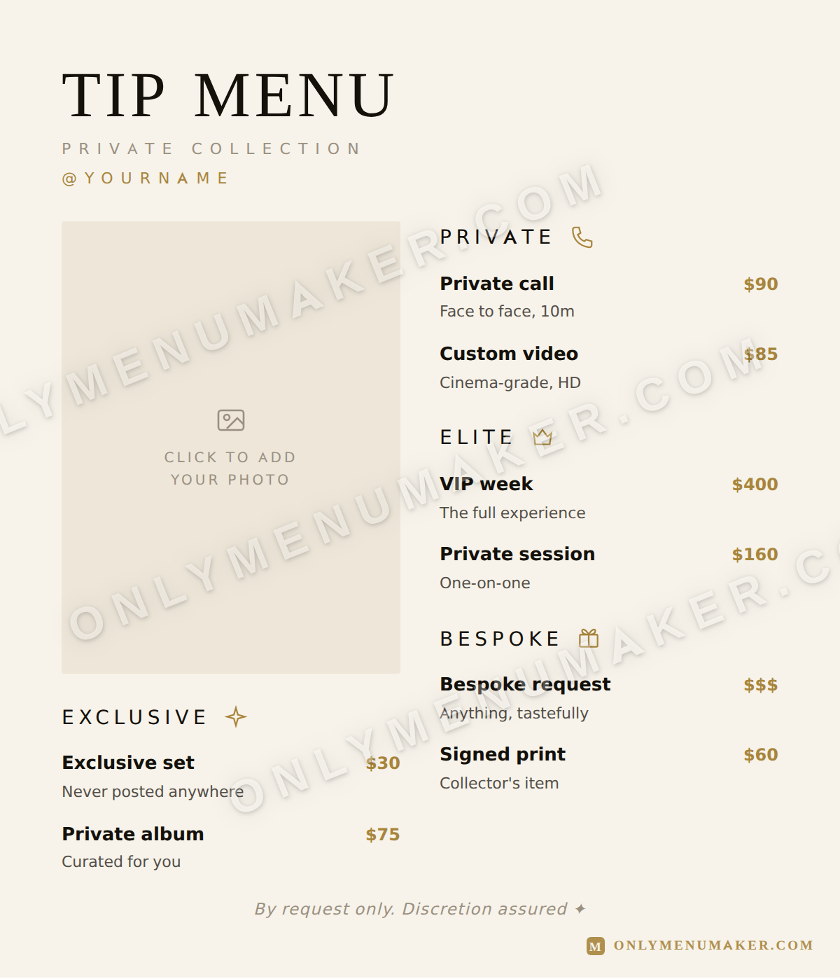 Quiet Luxe OnlyFans tip menu template