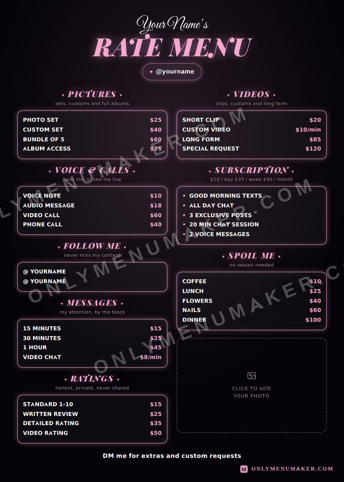 Rose Rate Card OnlyFans tip menu template