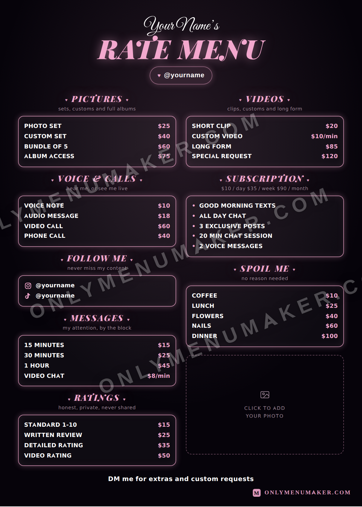 Rose Rate Card OnlyFans tip menu template