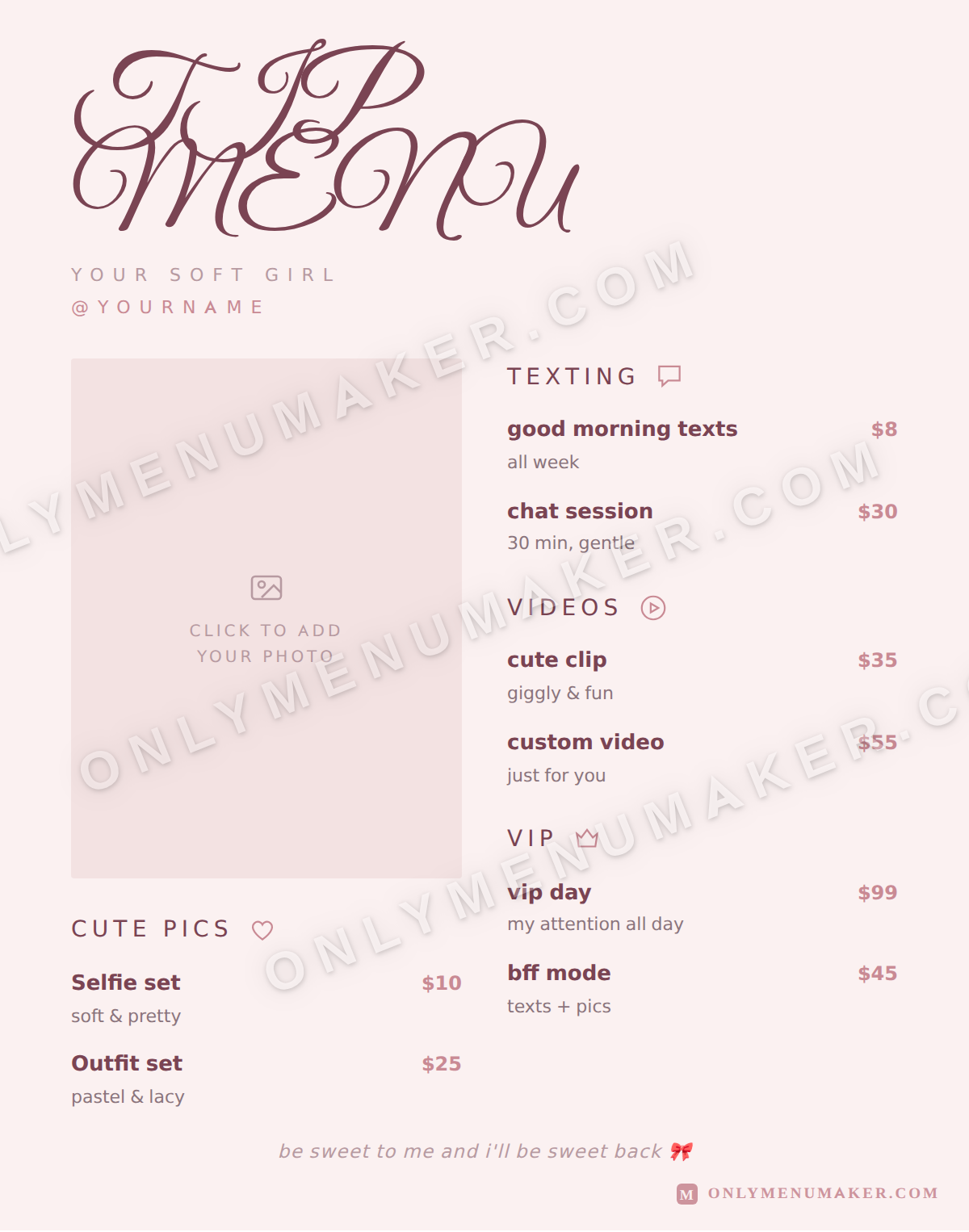 Soft Girl OnlyFans tip menu template