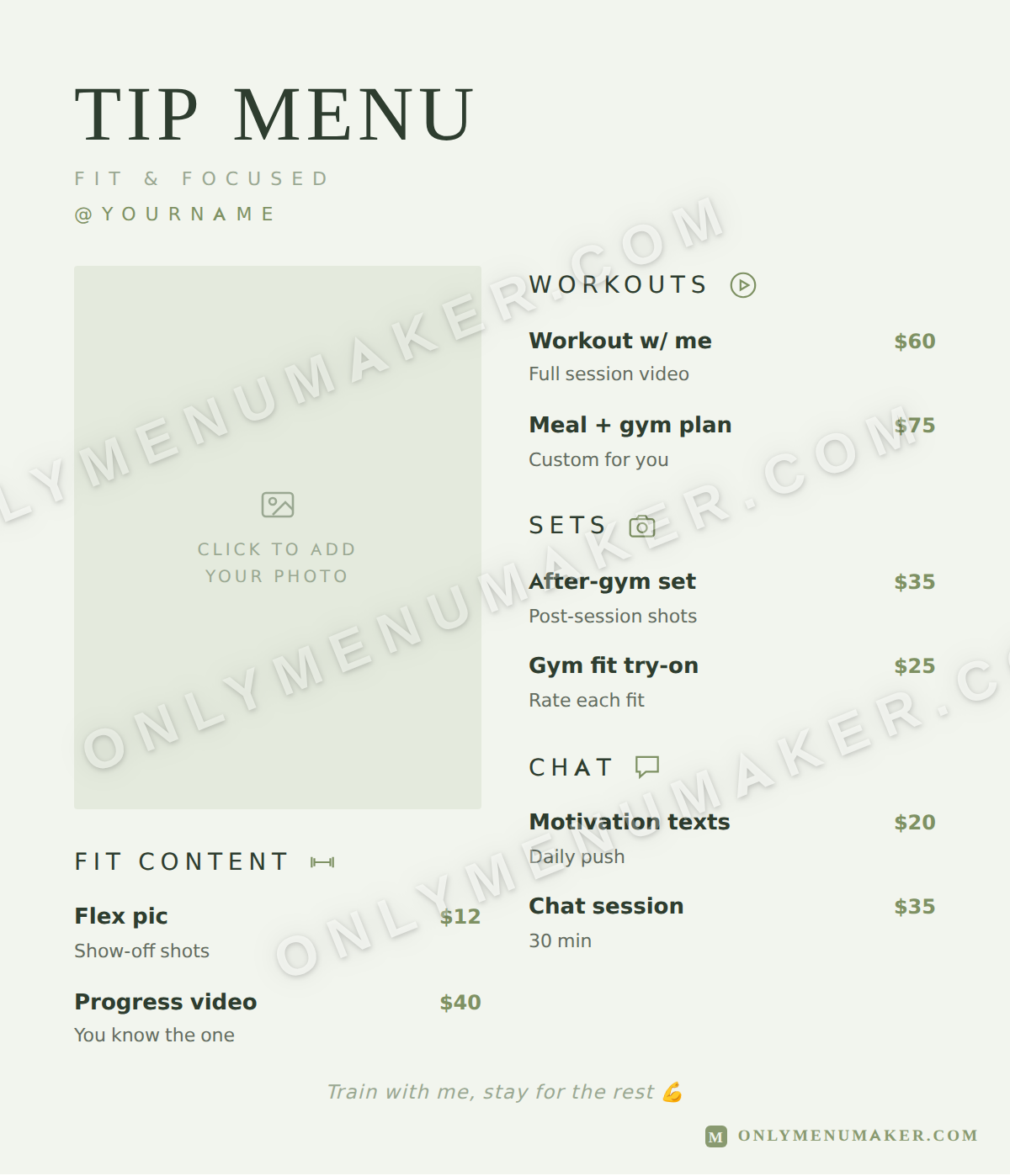 Sweat Session OnlyFans tip menu template