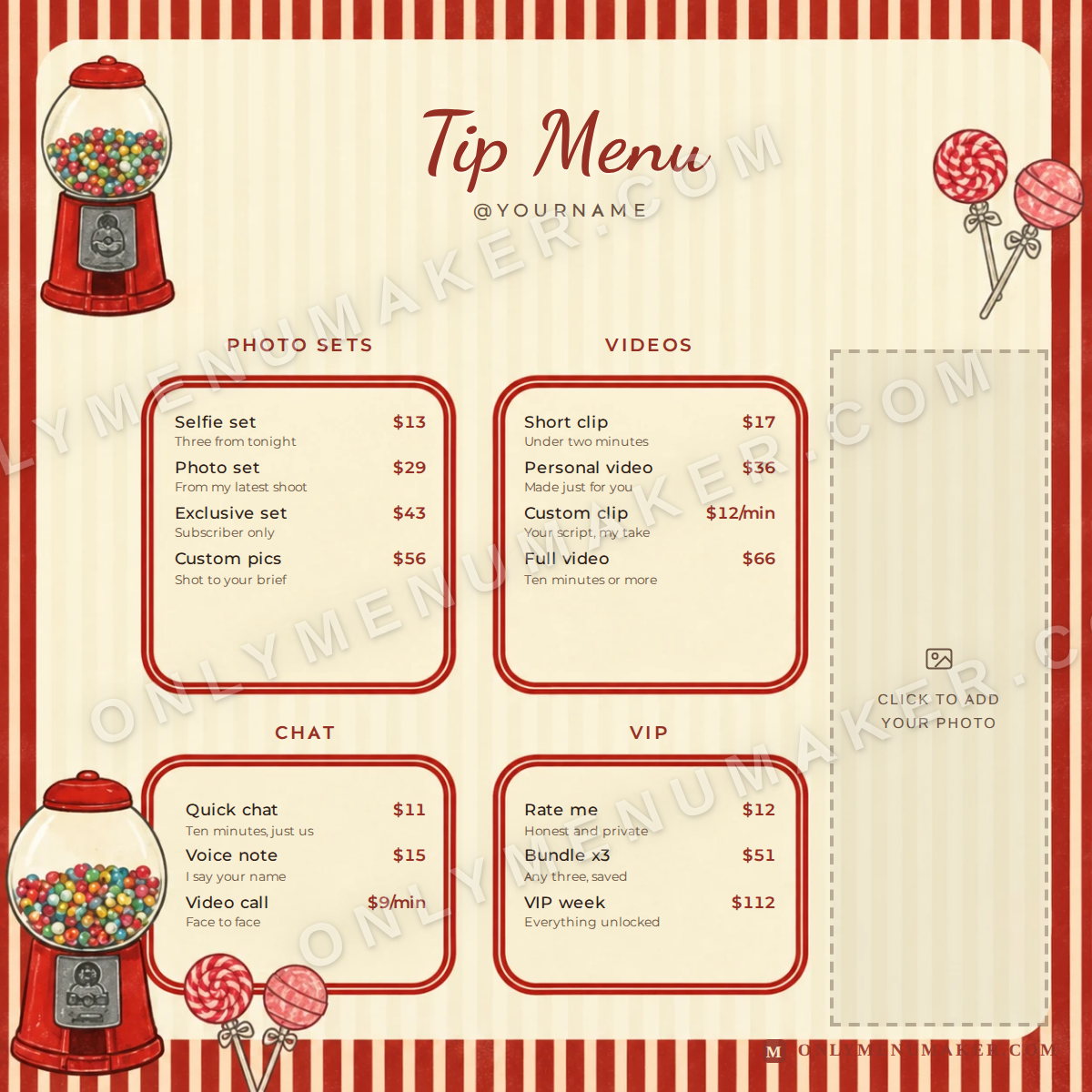 Sweet Shop OnlyFans tip menu template
