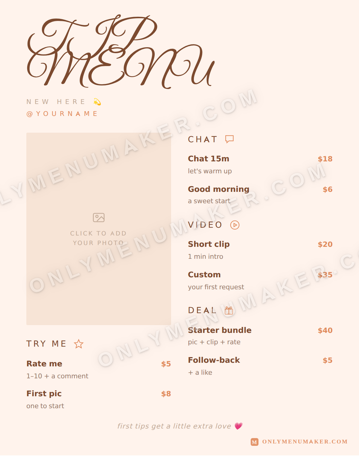 Sweet Thing OnlyFans tip menu template