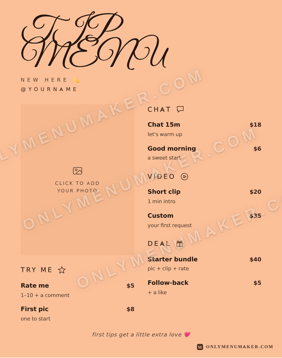 Sweet Thing OnlyFans tip menu template