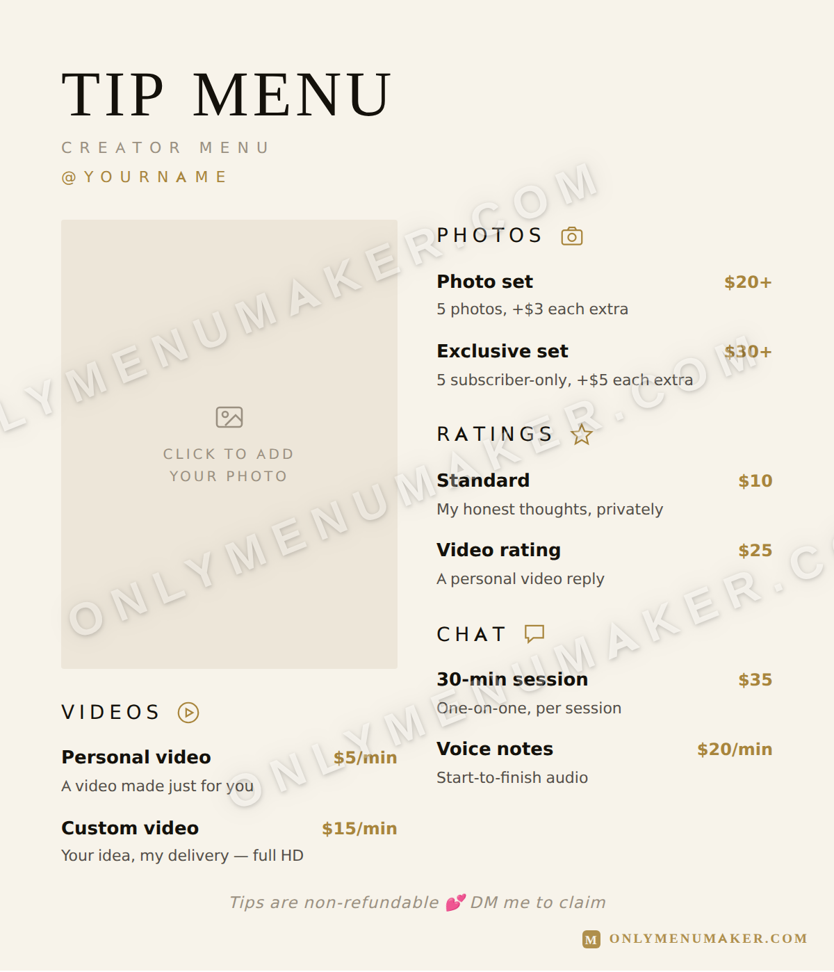 The Classic OnlyFans tip menu template