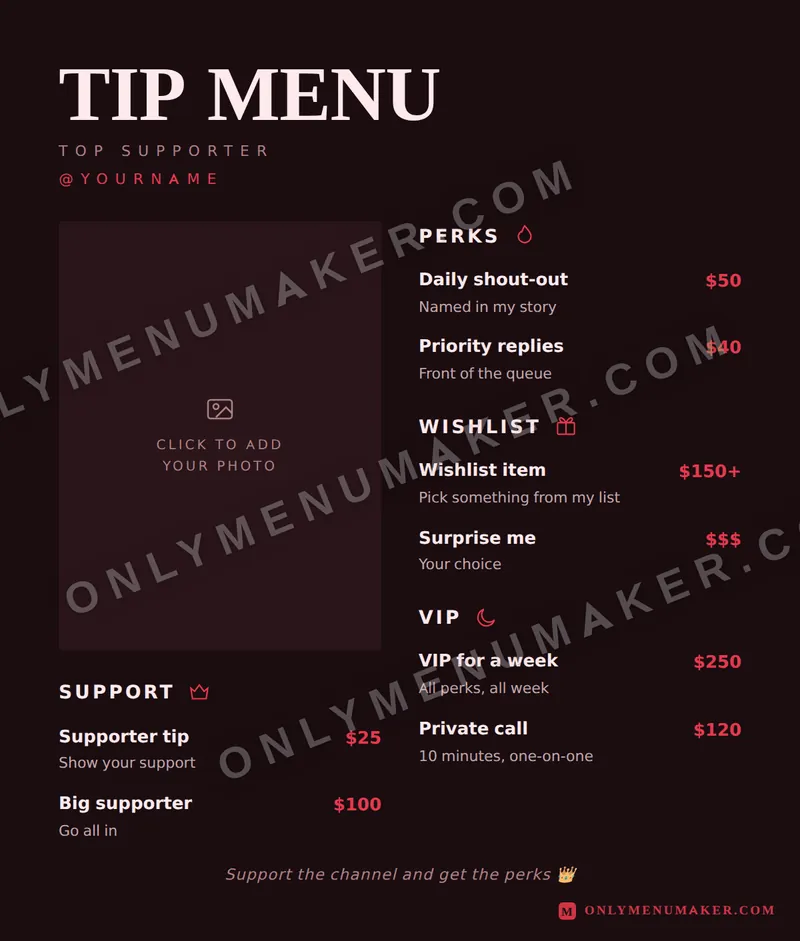 Big Supporter tip menu template