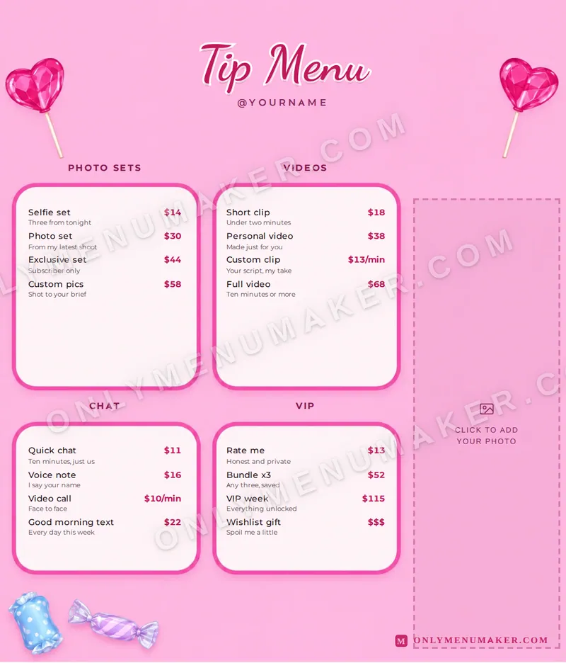 Bubblegum Candy tip menu template