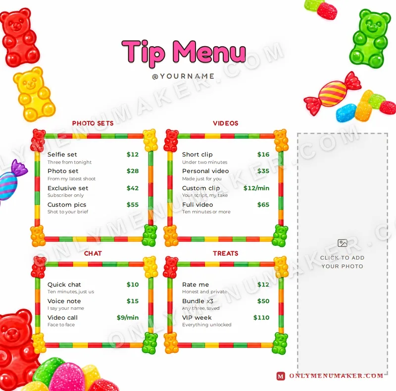 Candy Bears tip menu template