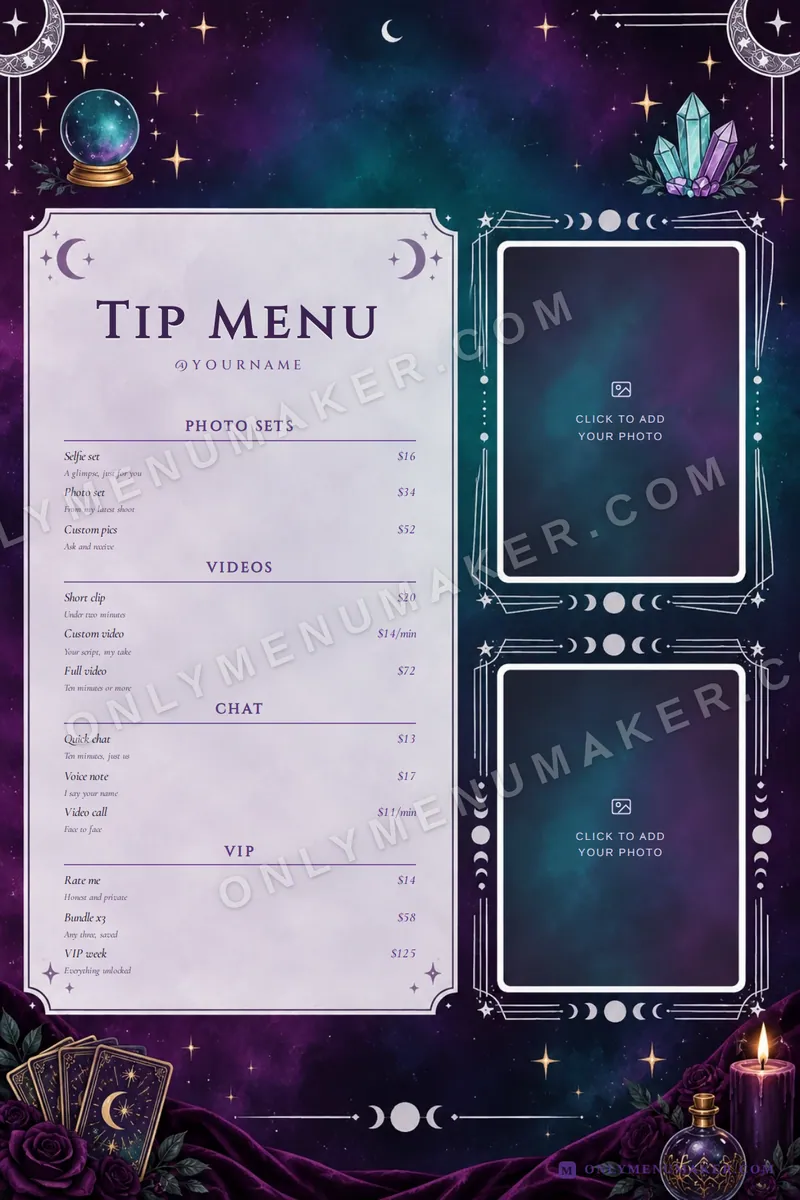 Celestial Tarot tip menu template