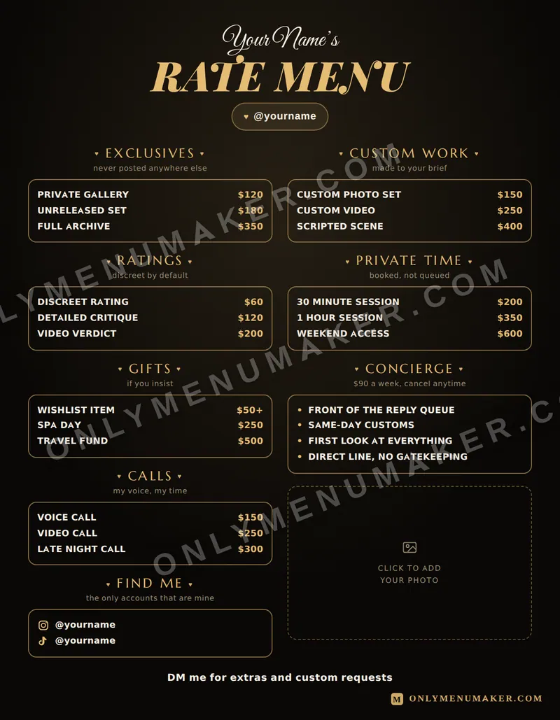 Champagne Rate Card tip menu template