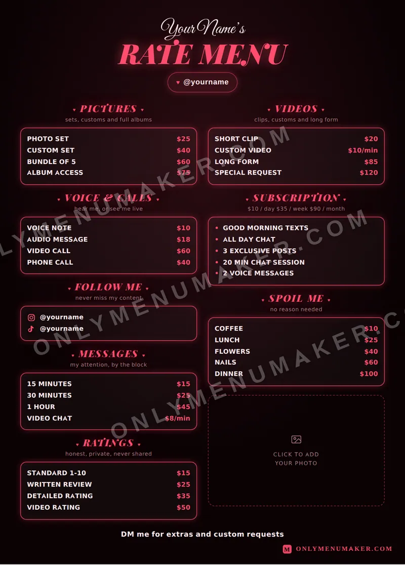 Cherry Rate Card tip menu template