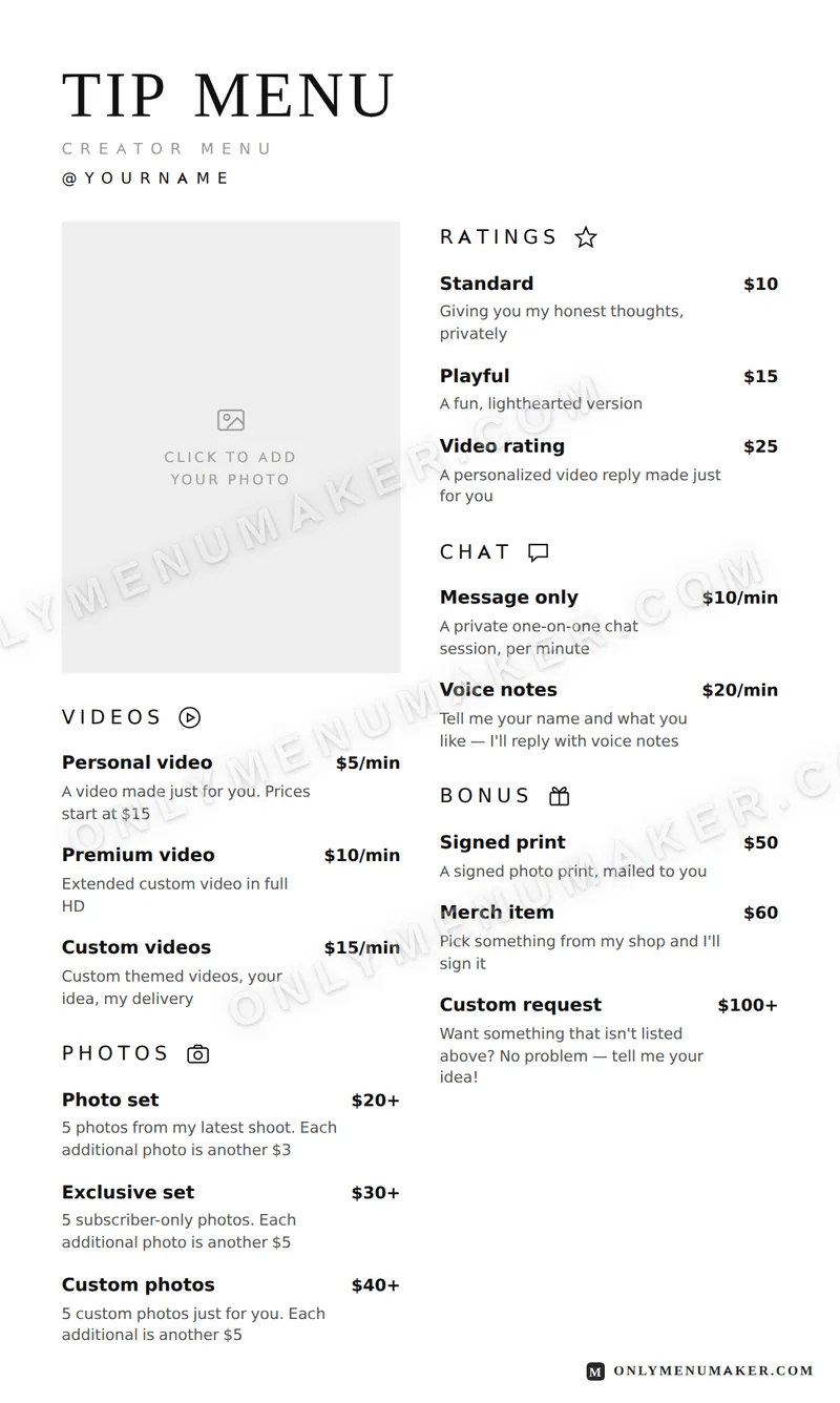The Original tip menu template