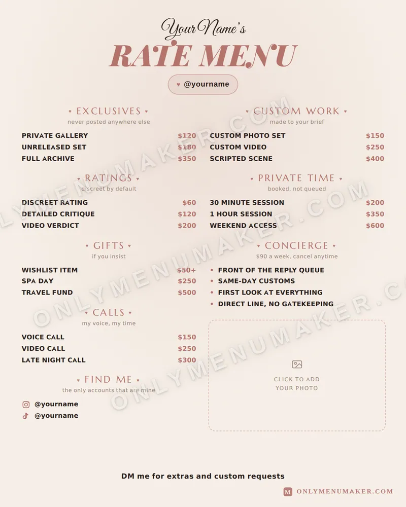 Cream Rate Card tip menu template