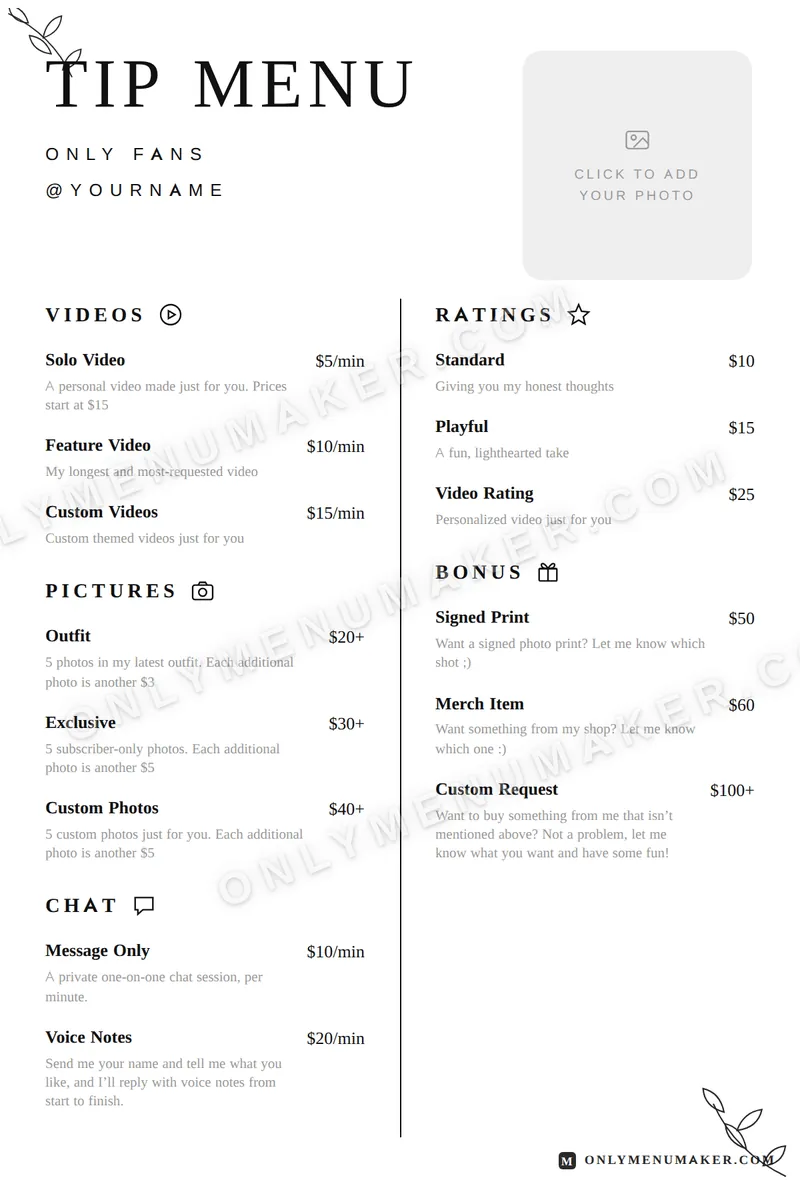Editorial Noir tip menu template