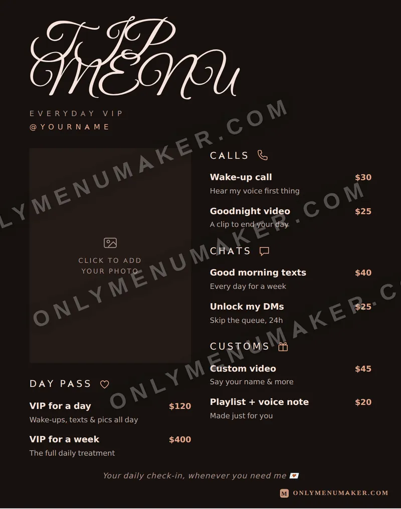 Forever Yours tip menu template