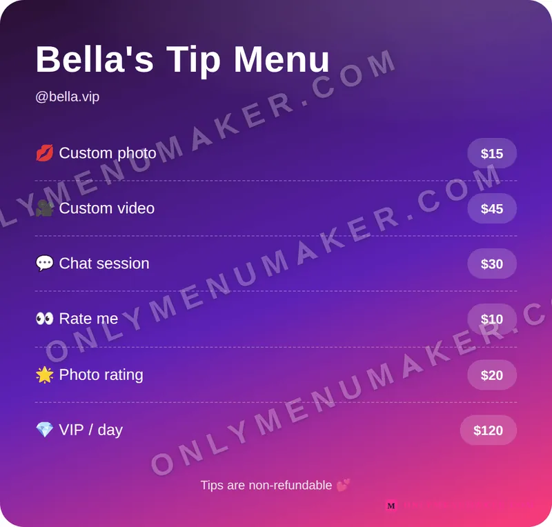 Bella Glow tip menu template