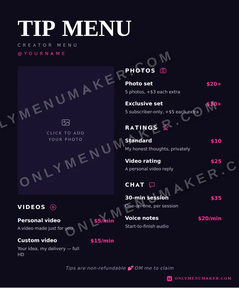 Hot Pink tip menu template