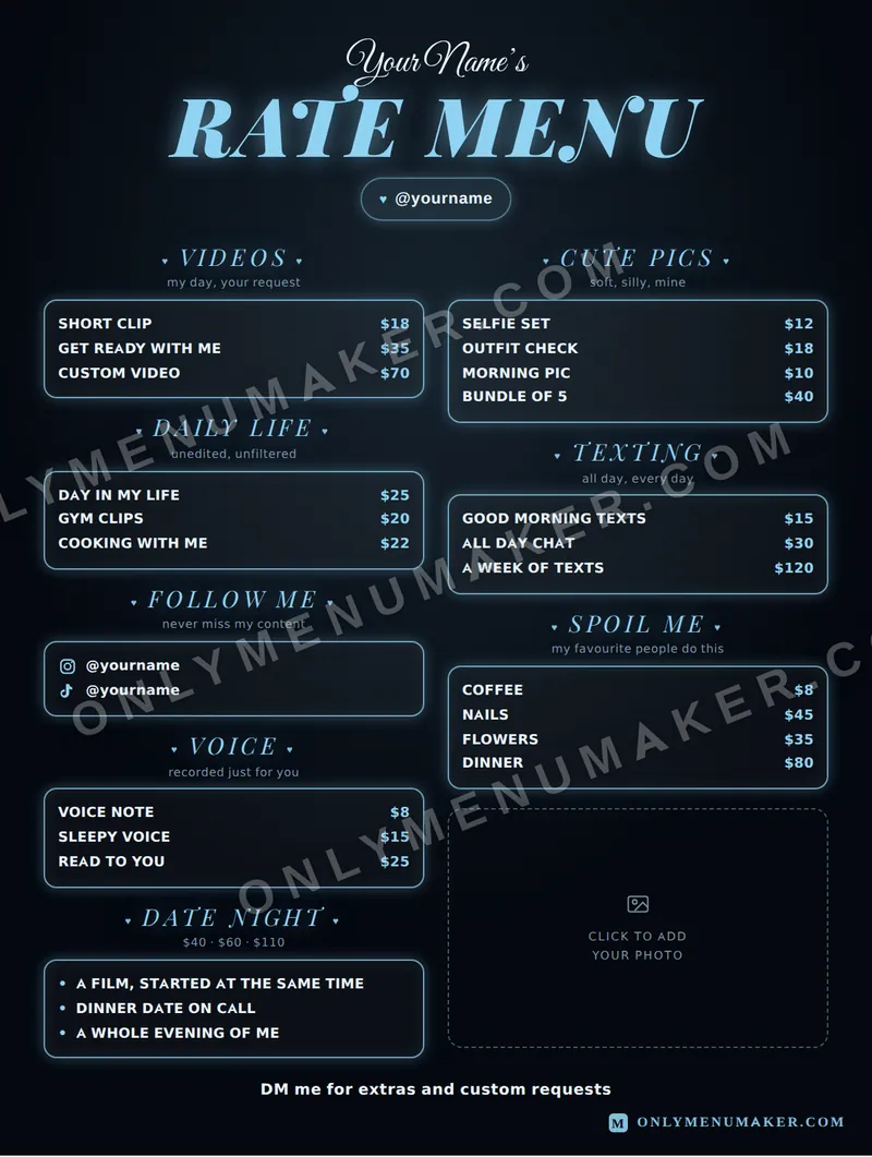 Ice Rate Card tip menu template