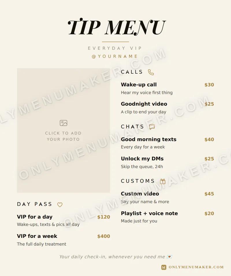 Ivory Elegance tip menu template