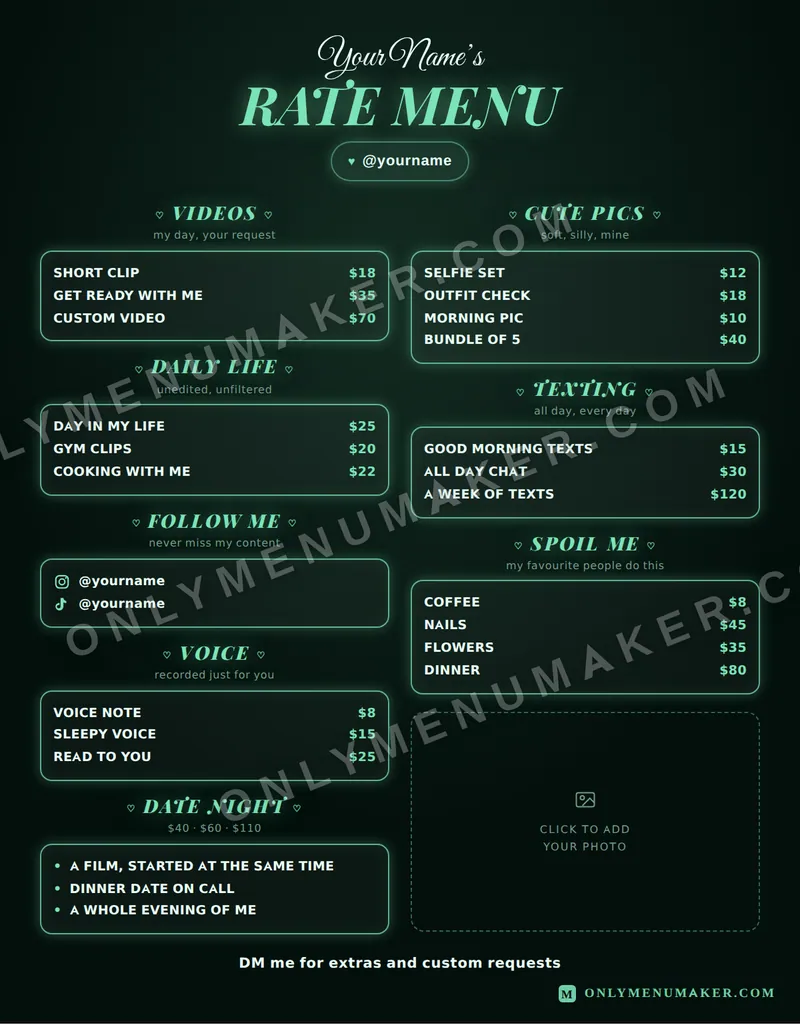 Mint Rate Card tip menu template