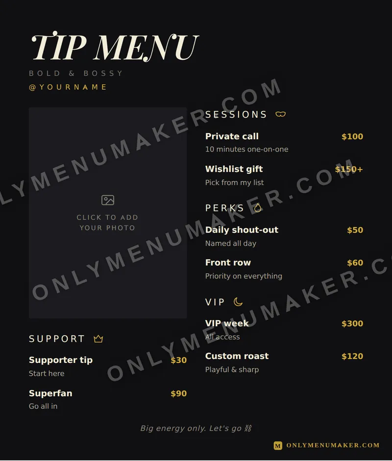 Monarch tip menu template