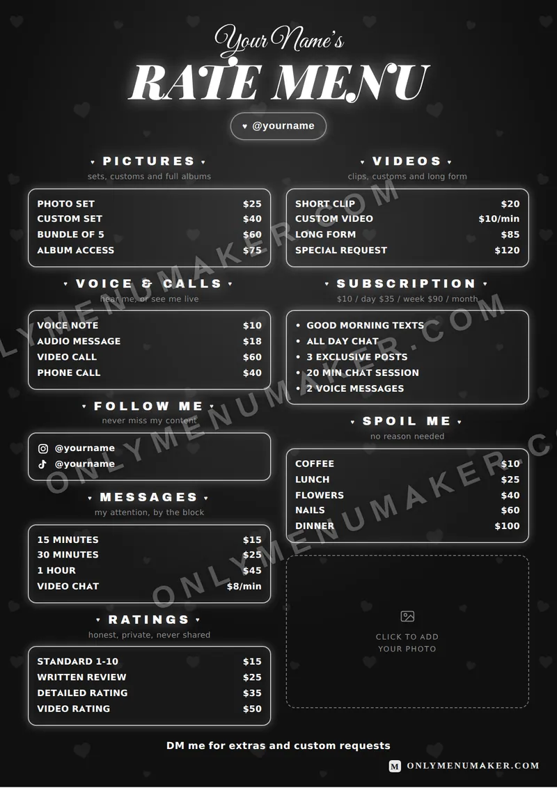 Mono Rate Card OnlyFans tip menu template