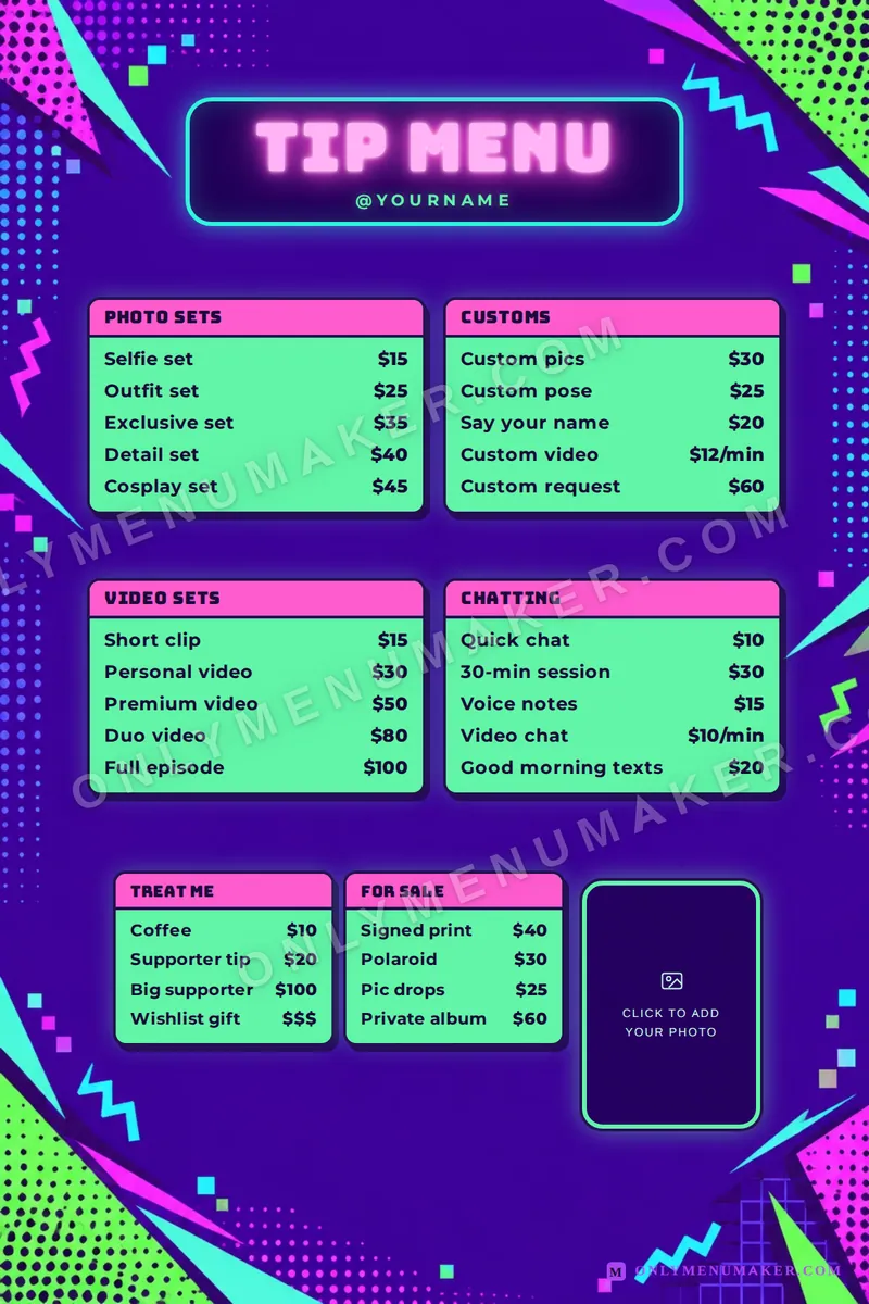 Neon Arcade Pop tip menu template