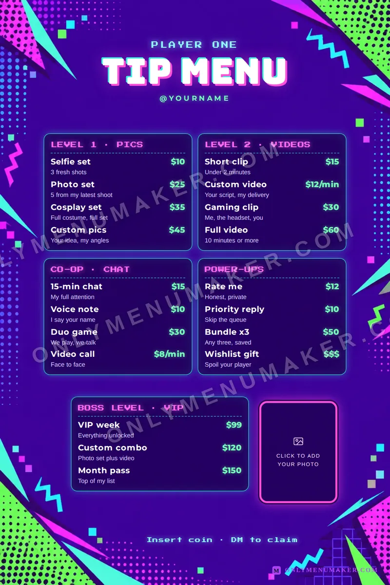 Neon Arcade OnlyFans tip menu template
