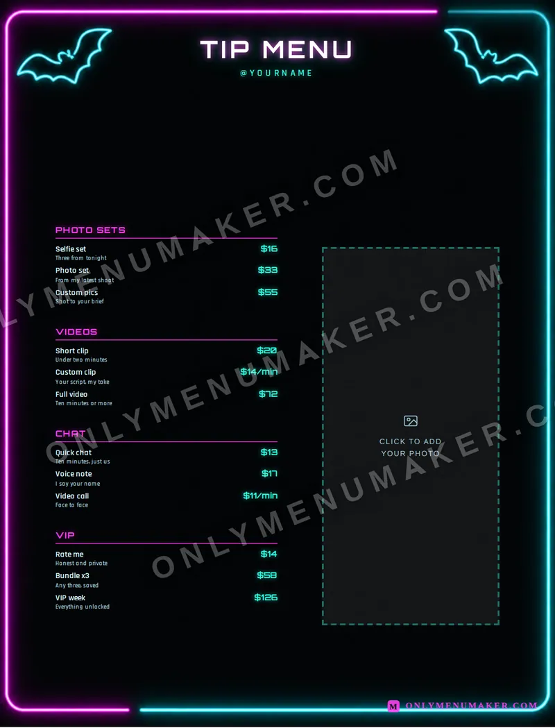 Neon Bats tip menu template