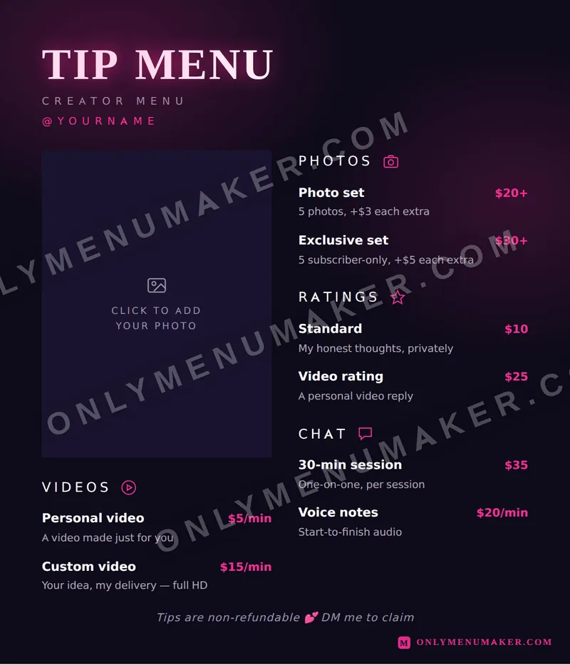 Neon Nights tip menu template