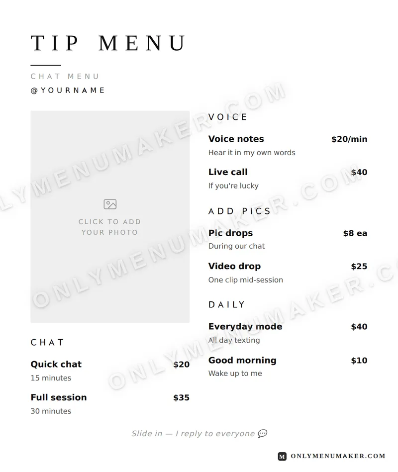Paper White tip menu template