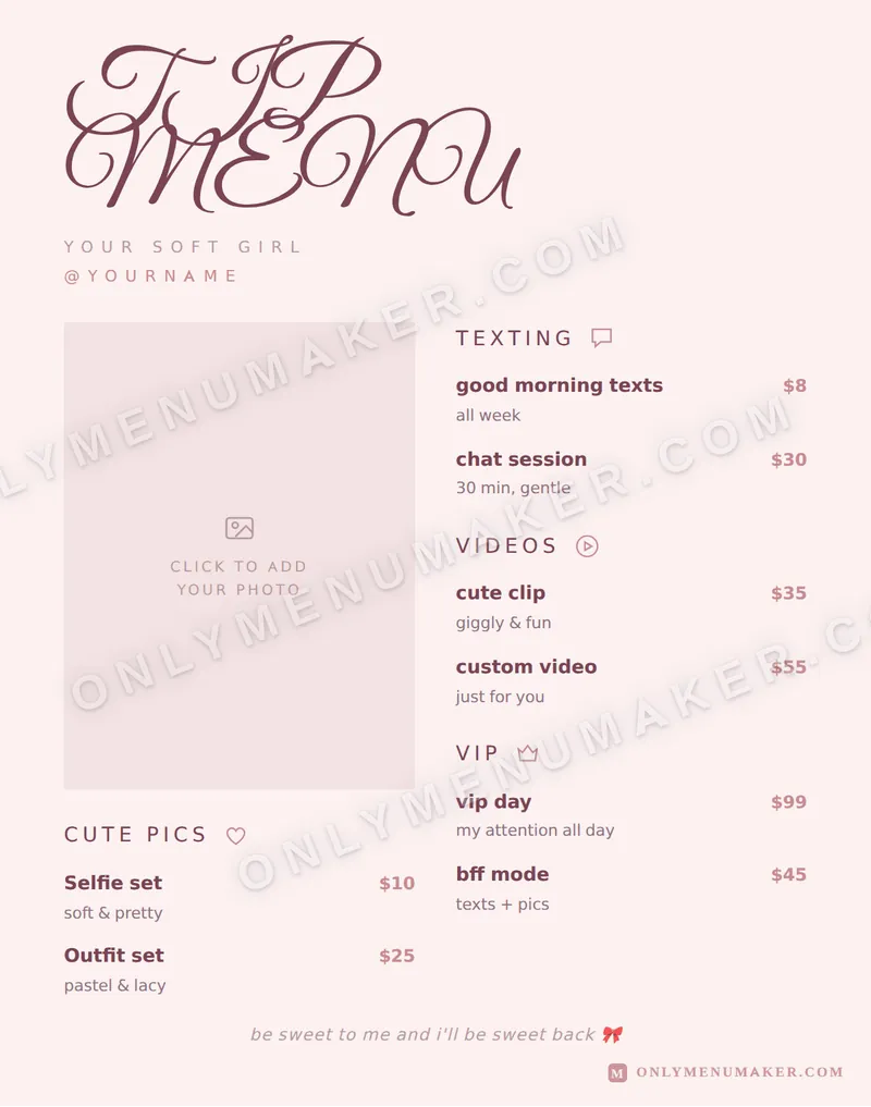 Soft Girl tip menu template