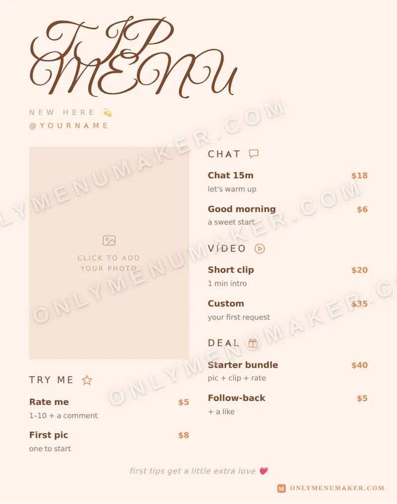 Sweet Thing tip menu template