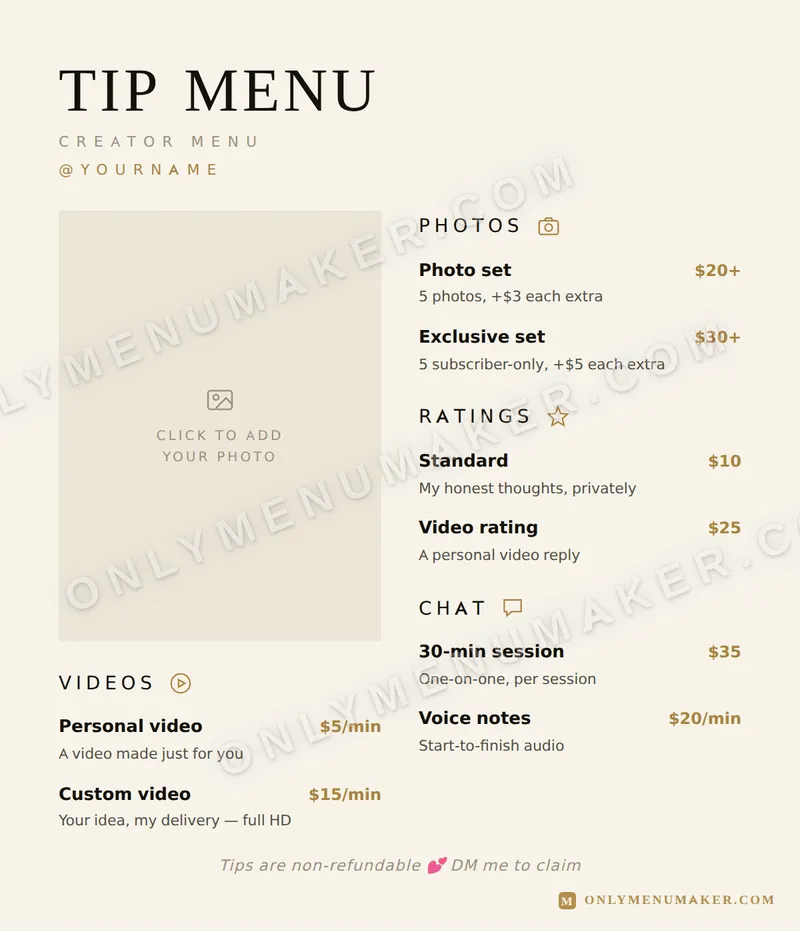 The Classic tip menu template