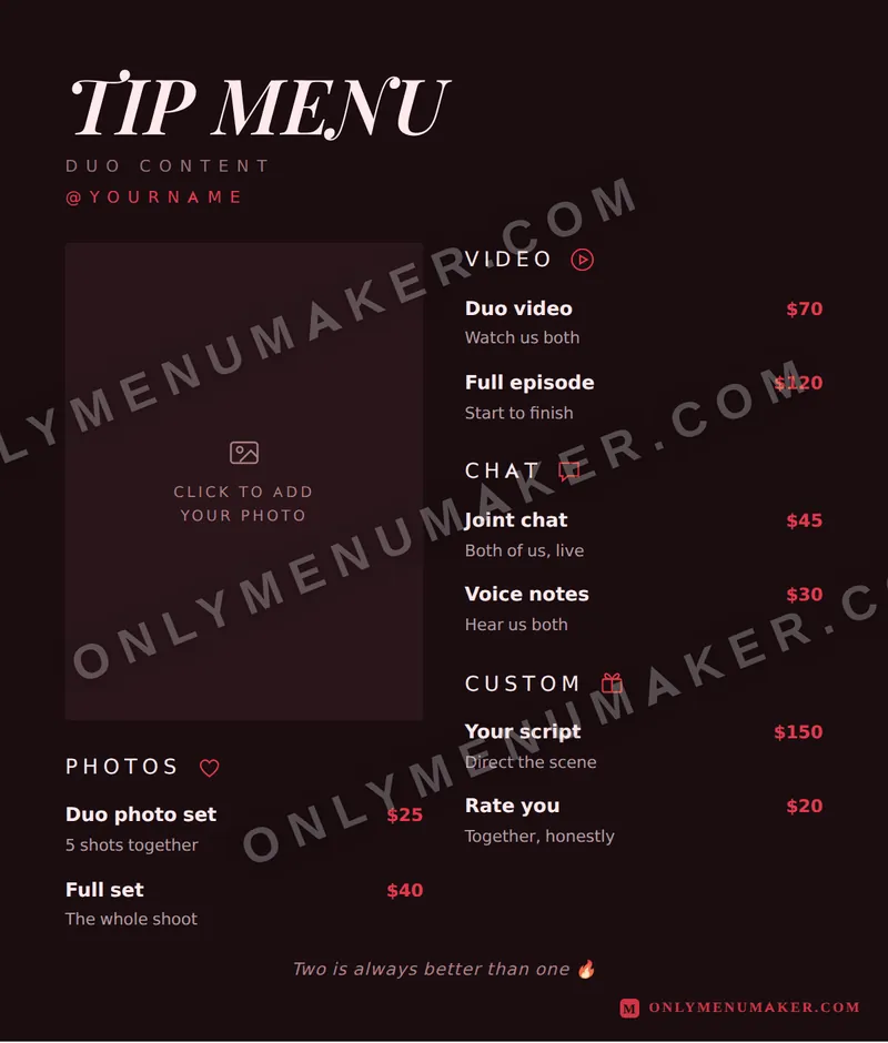 Two of Us tip menu template