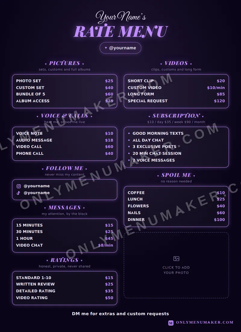 Violet Rate Card tip menu template