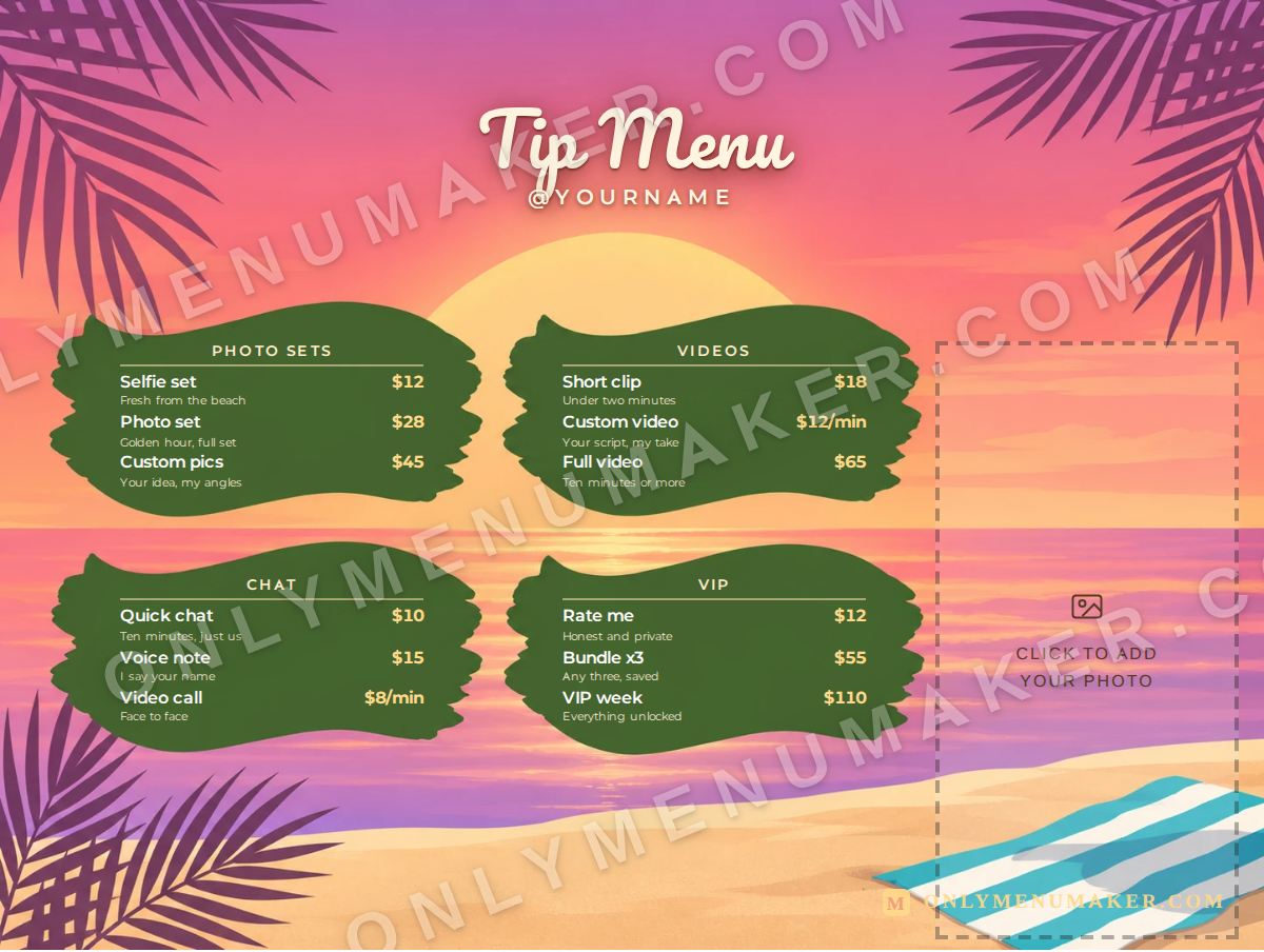 Tropical Sunset OnlyFans tip menu template