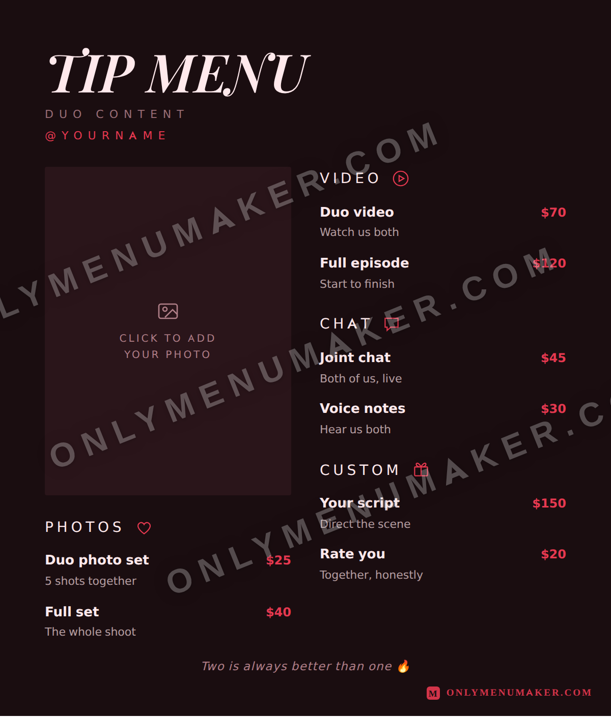 Two of Us OnlyFans tip menu template