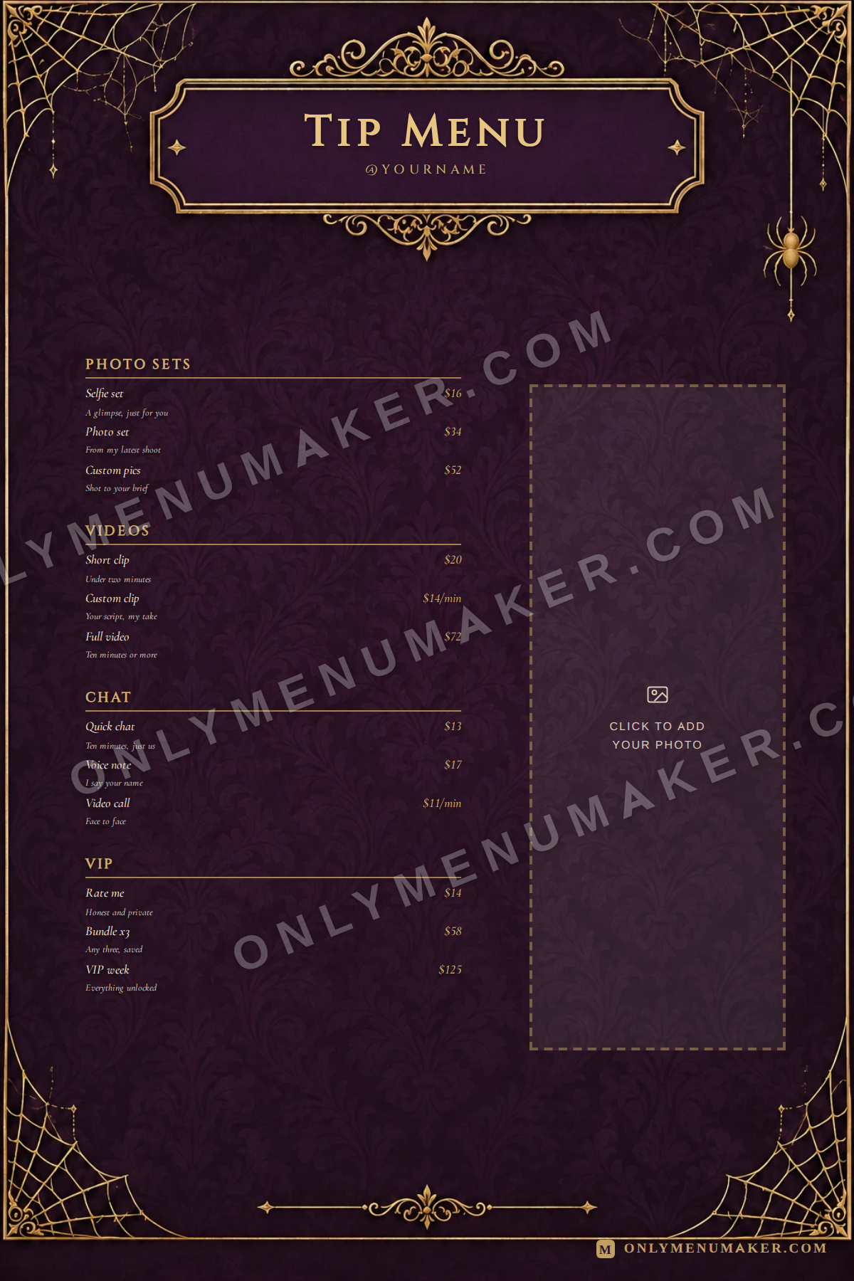 Velvet Damask OnlyFans tip menu template