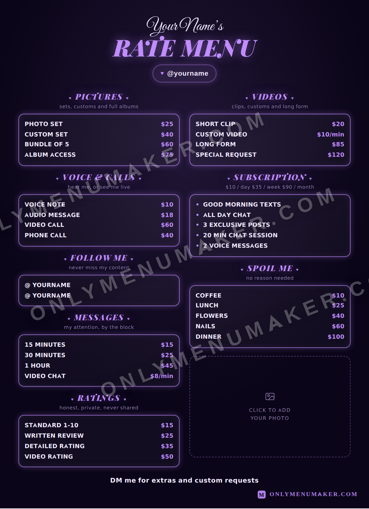 Violet Rate Card OnlyFans tip menu template