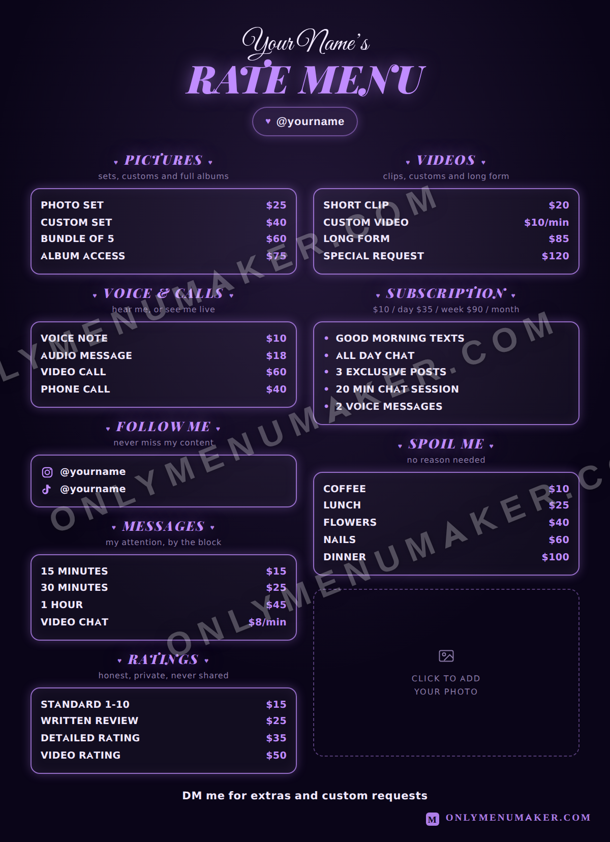 Violet Rate Card OnlyFans tip menu template