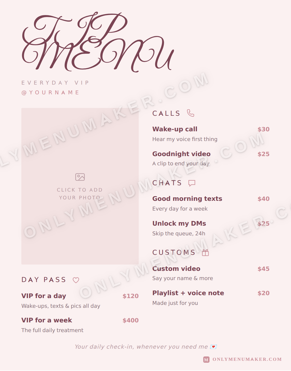 Your Girl OnlyFans tip menu template